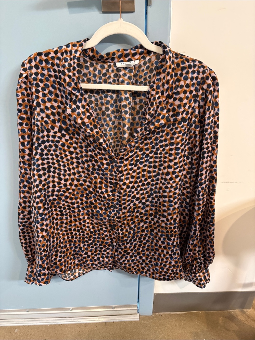 Topshop Polka-Dot Satin Blouse — Pink & Brown & Black